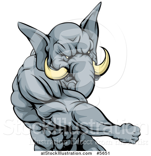 Vector Illustration of a Punching Muscular Elephant Man Mascot