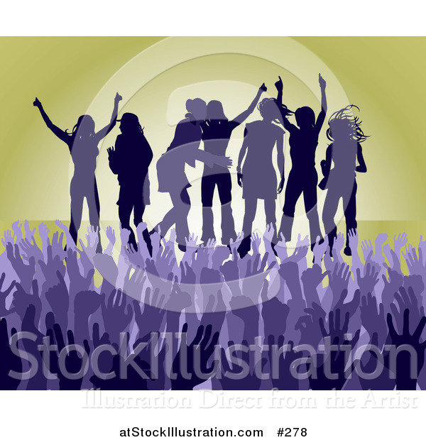 Vector Illustration of a Purple Group of Silhouetted Women Raising Their Arms and Celebrating on Stage at a Concert