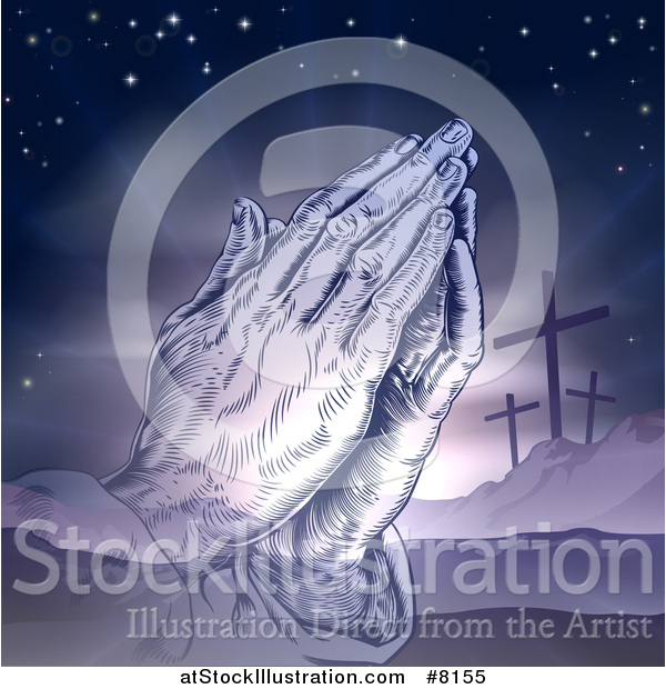 Vector Illustration of a Purple Toned Christian Easter Background of Praying Hands over Two Thieves Crosses on Calvary Hill