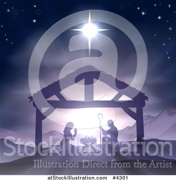 Vector Illustration of a Purple Toned Nativity Scene with Baby Jesus in the Manger Under the Star of Bethlehem