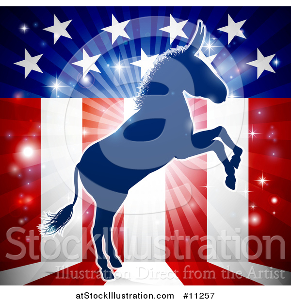 Vector Illustration of a Rearing Democratic Donkey over an American Flag Themed Burst