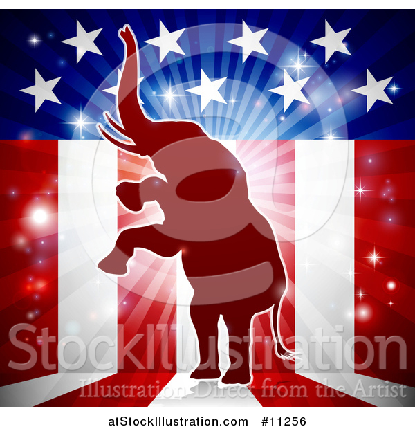 Vector Illustration of a Rearing Republican Elephant over an American Flag Themed Burst