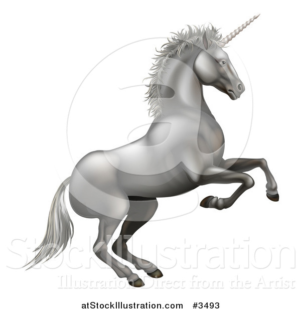 Vector Illustration of a Rearing Silver Unicorn