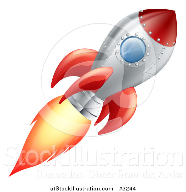 Vector Illustration of a Red and Metal Space Rocket Flying