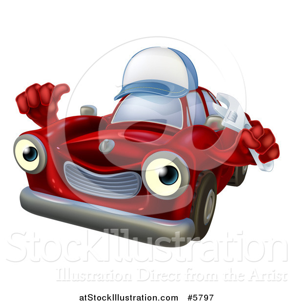 Vector Illustration of a Red Car Character Mechanic Wearing a Hat, Holding a Wrench and Thumb up
