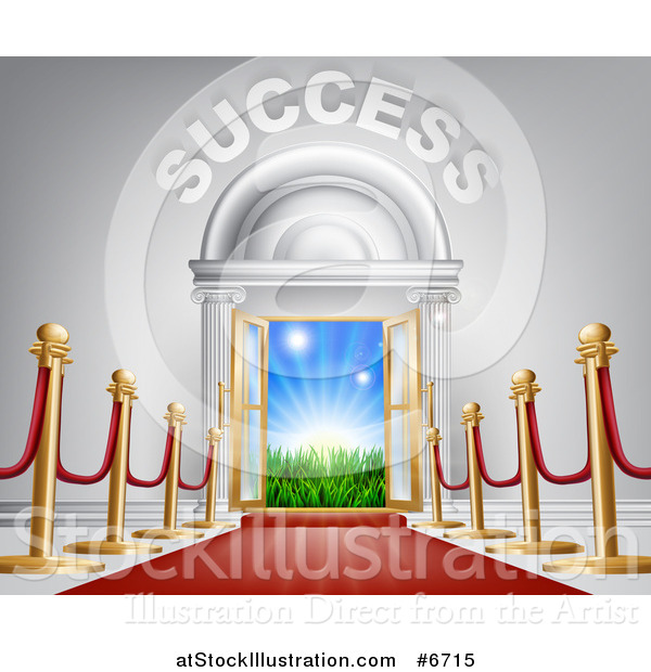 Vector Illustration of a Red Carpet and Posts Leading to a Doorway with Bright Light, Grass and Opportunity Text
