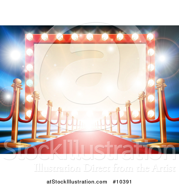 Vector Illustration of a Red Carpet and Posts Leading to a Retro Marquee Theater Sign with Light Bulbs