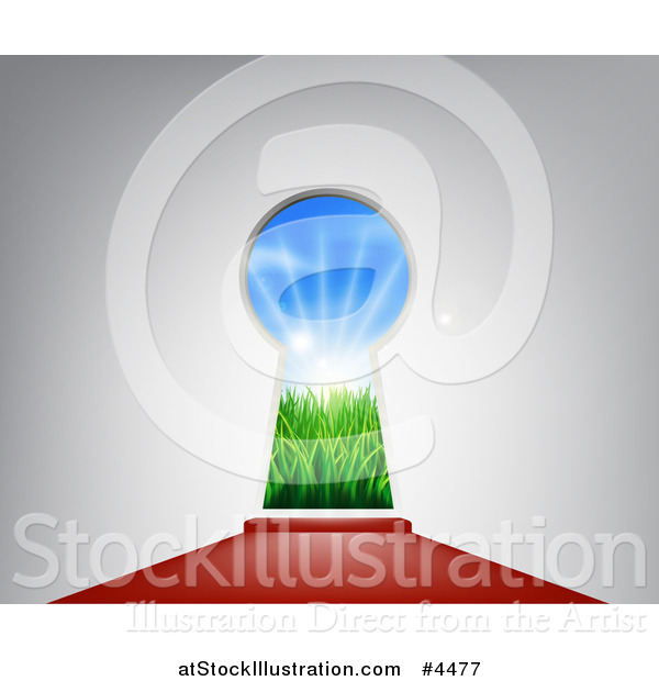 Vector Illustration of a Red Carpet Leading to a Key Hole with an Idyllic Field with Sunshine and Grass
