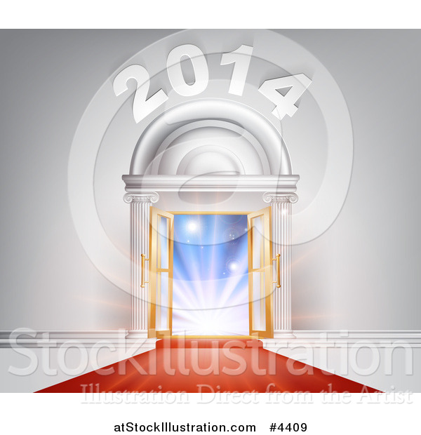 Vector Illustration of a Red Carpet Leading to an Ornate 2014 Arch of Open Doors and Bright Lights