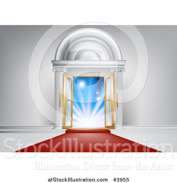 Vector Illustration of a Red Carpet Leading to an Ornate Doorway with Open Doors and Bright Lights