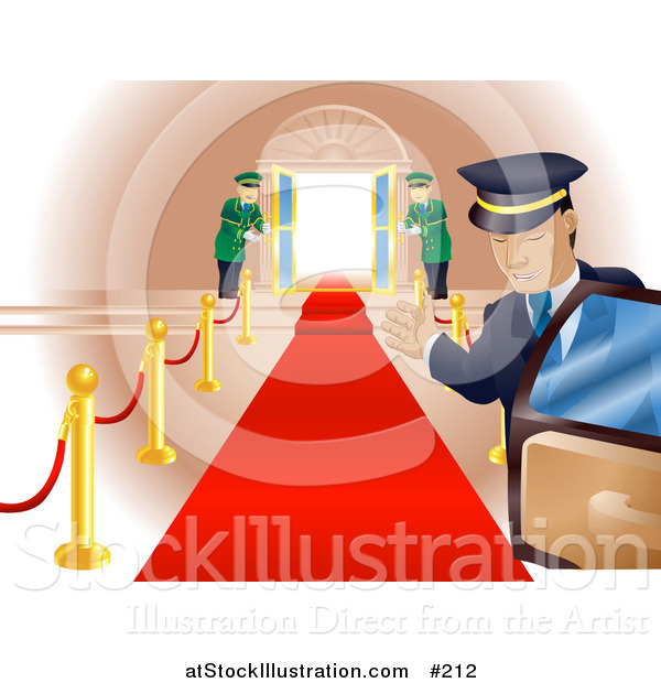 Vector Illustration of a Red Carpet Leading to Doormen Holding Open Double Doors