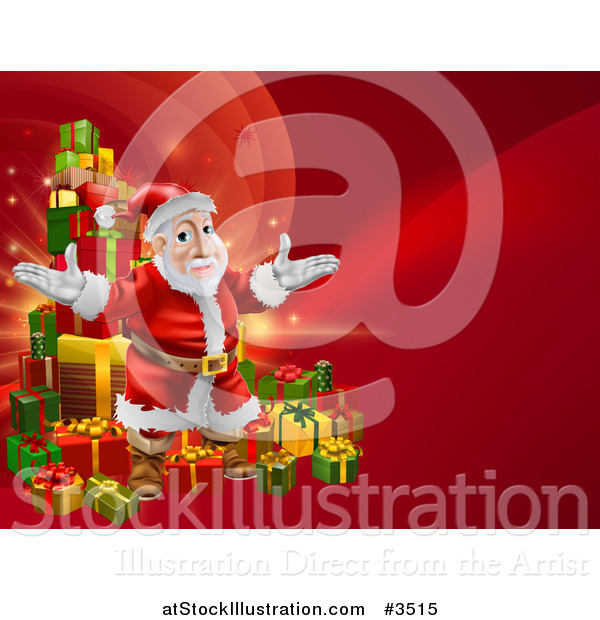 Vector Illustration of a Red Christmas Background with Santa and a Tower of Presents