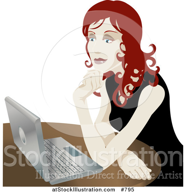 Vector Illustration of a Red Haired Woman Using a Laptop Computer