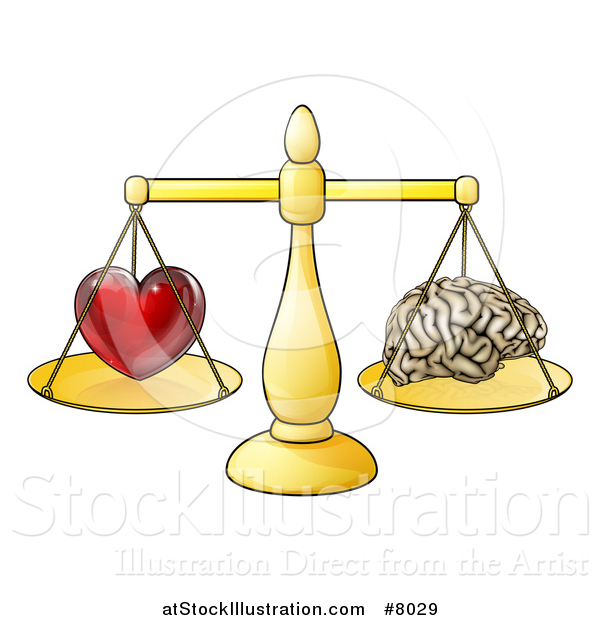 Vector Illustration of a Red Heart and Brain on Golden Scales, Following Logic or Passions
