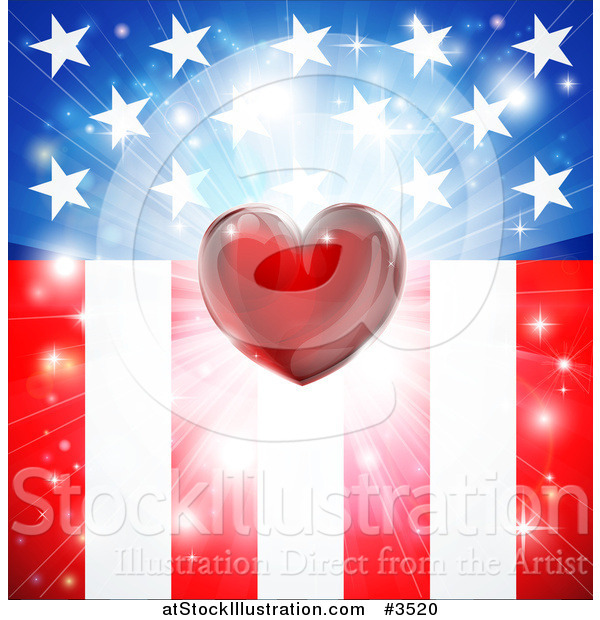 Vector Illustration of a Red Heart and Burst over American Stars and Stripes Flag