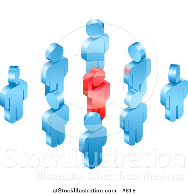 Vector Illustration of a Red Individual Raising Their Hand While Standing in a Group of Blue Employees or Volunteers