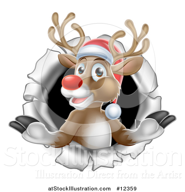 Vector Illustration of a Red Nosed Christmas Reindeer in a Hole in a Wall
