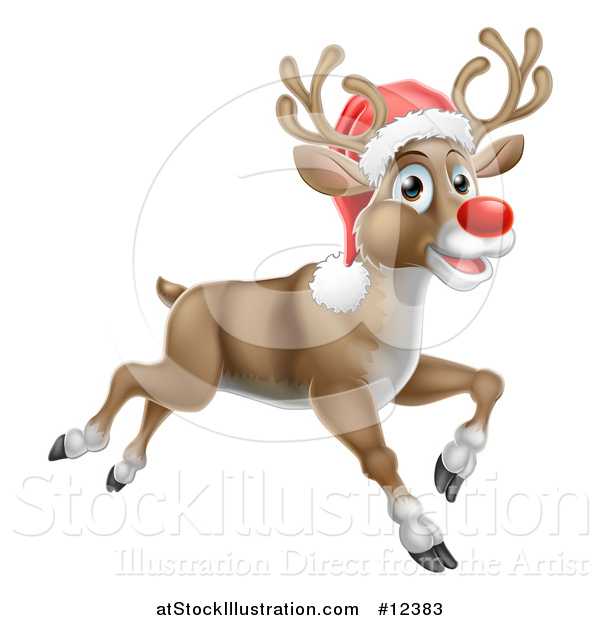 Vector Illustration of a Red Nosed Christmas Reindeer Running or Flying