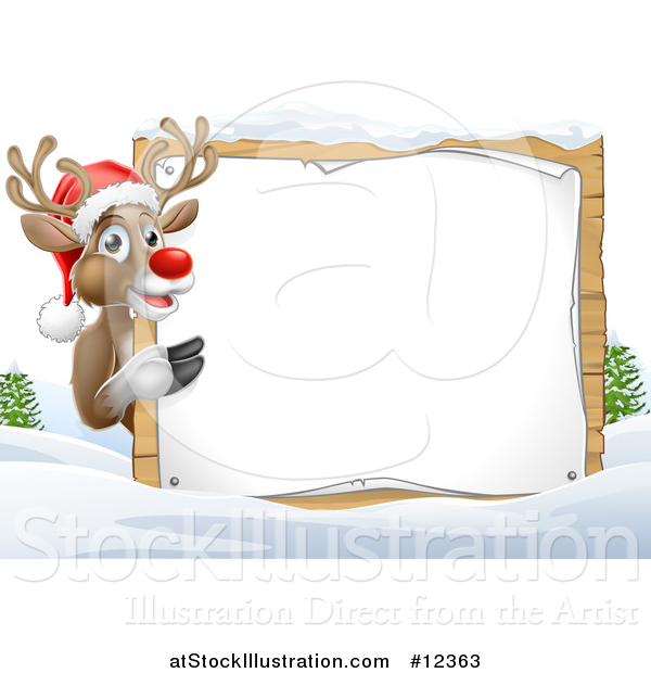 Vector Illustration of a Red Nosed Christmas Reindeer with a Blank Sign in a Winter Landscape