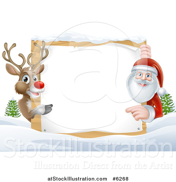 Vector Illustration of a Red Nosed Reindeer and Santa Pointing Around a Christmas Wood Sign in the Snow