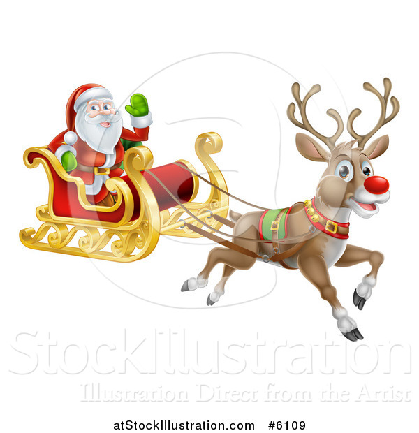 Vector Illustration of a Red Nosed Reindeer Flying Santa in a Sleigh