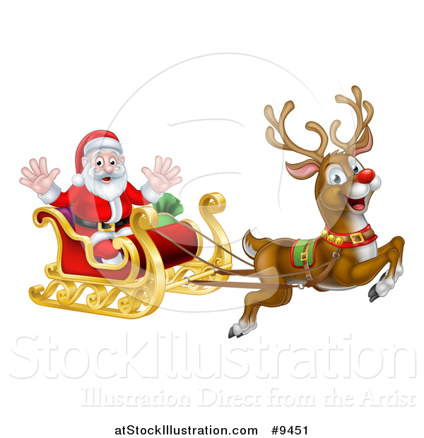 Vector Illustration of a Red Nosed Reindeer, Rudolph, Flying Santa in a Sleigh