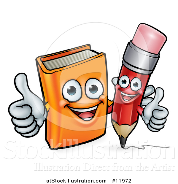 Vector Illustration of a Red Pencil and Orange Book Giving Thumbs up