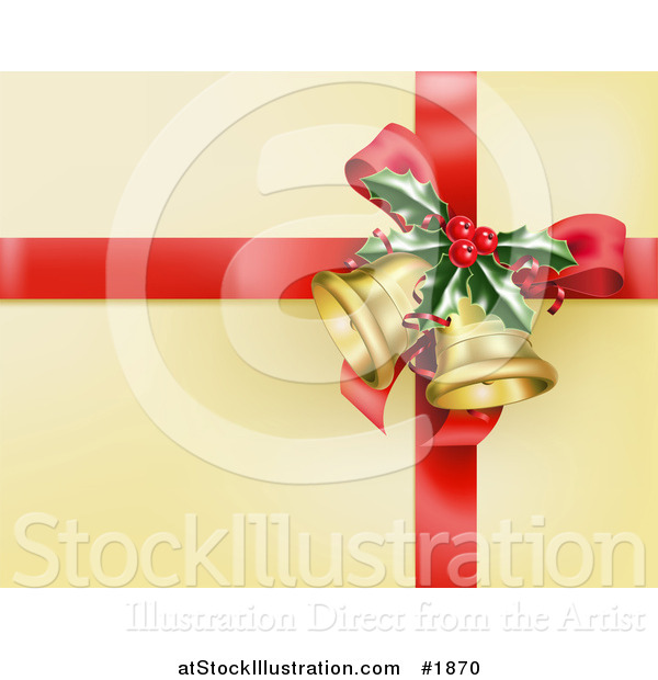 Vector Illustration of a Red Ribbon with Holly and Christmas Bells on Golden Wrapping Paper