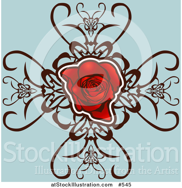 Vector Illustration of a Red Rose with Designs on Blue