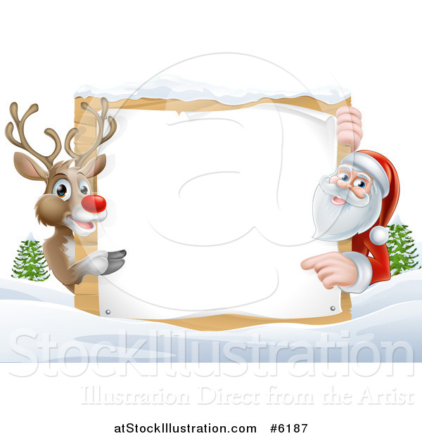 Vector Illustration of a Reindeer and Santa Pointing Around a Christmas Wood Sign in the Snow