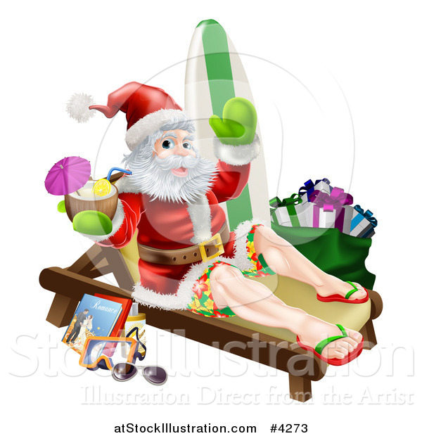 Vector Illustration of a Relaxing Santa Holding a Cocktail and Waving with Vacation Items