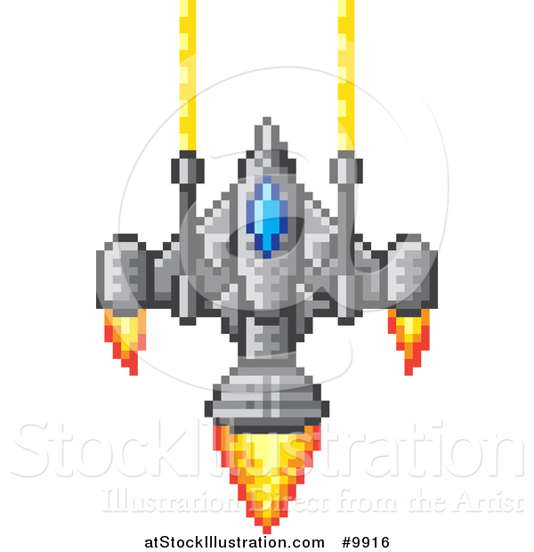 Vector Illustration of a Retro 8 Bit Pixel Art Video Game Styled Spaceship