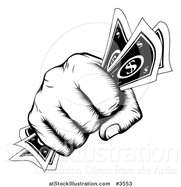 Vector Illustration of a Retro Black and White Woodcut Fist Holding Cash Money