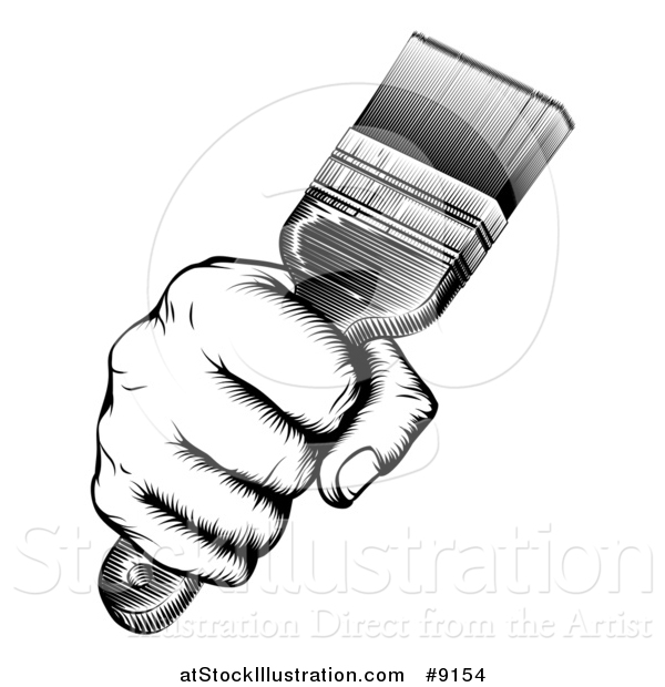 Vector Illustration of a Retro Black and White Woodcut Fisted Hand Holding up a Paintbrush