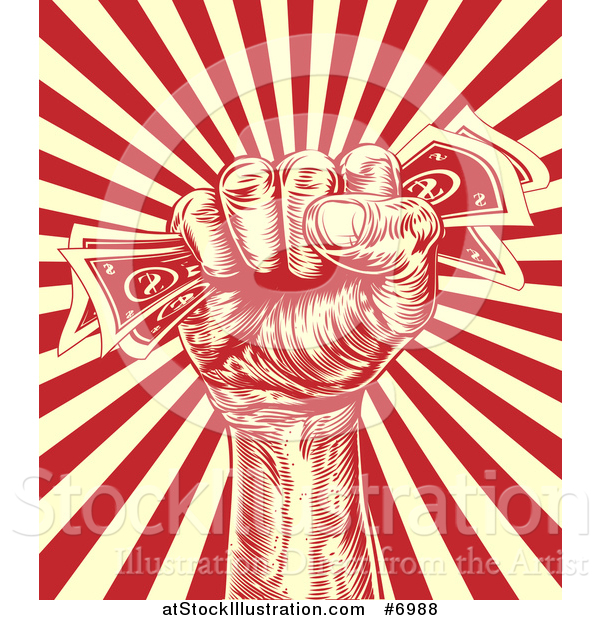 Vector Illustration of a Retro Engraved Revolutionary Fist Holding Money over a Red and Yellow Burst