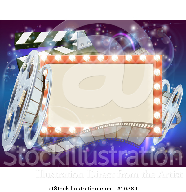 Vector Illustration of a Retro Marquee Theater Sign with Light Bulbs, Film Reels and Clapper Board over Magical Lights