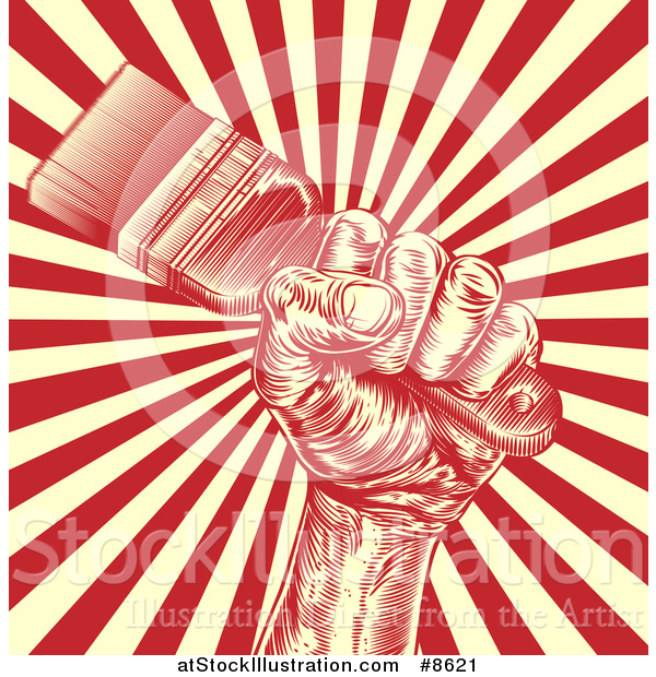 Vector Illustration of a Retro Woodcut Fist Holdnig a Paintbrush over Yellow and Red Rays