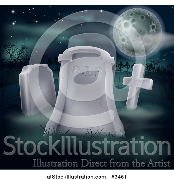 Vector Illustration of a RIP Cemetery Tombstone Under a Full Moon