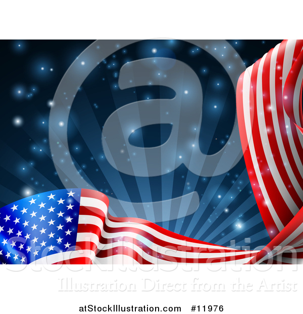 Vector Illustration of a Rippling American Flag over Dark Blue Rays and Flares