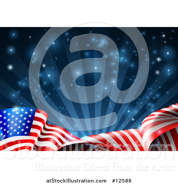 Vector Illustration of a Rippling American Flag over Dark Blue Rays and Flares