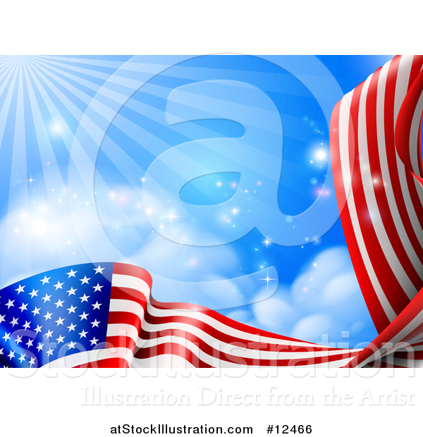 Vector Illustration of a Rippling American Flag Under Blue Sky with Rays of Sunshine