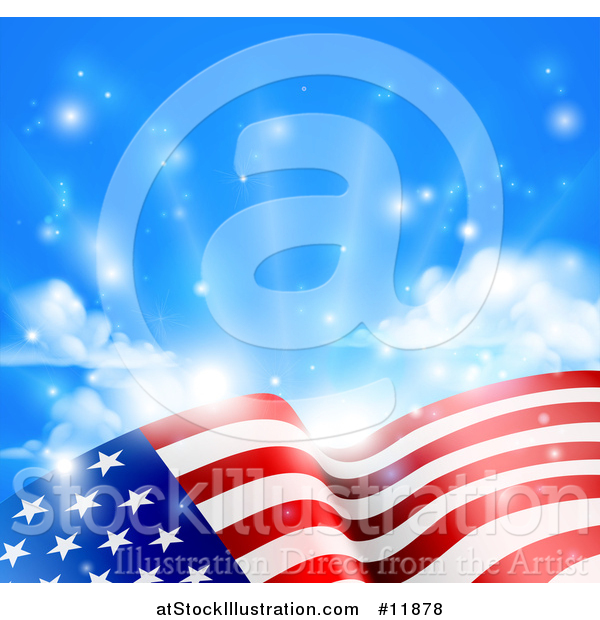 Vector Illustration of a Rippling American Flag Under Blue Sky with Sunshine