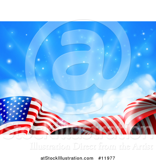 Vector Illustration of a Rippling American Flag Under Blue Sky with Sunshine