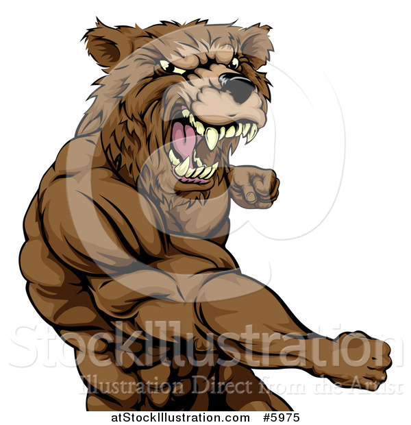 Vector Illustration of a Roaring Angry Muscular Bear Man Punching