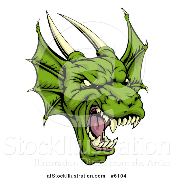 Vector Illustration of a Roaring Green Horned Dragon Face