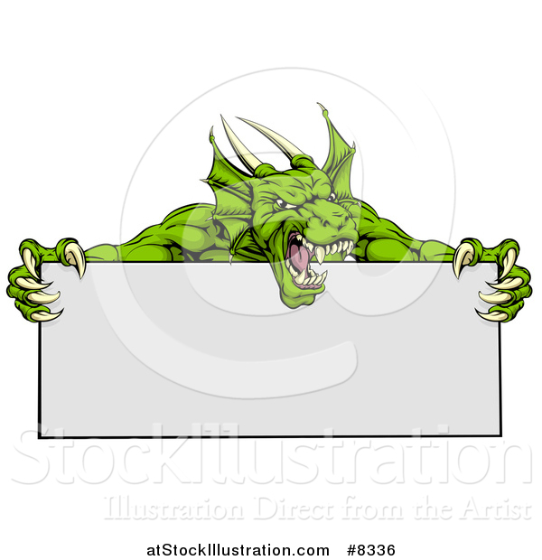 Vector Illustration of a Roaring Green Horned Dragon Mascot Holding a Blank Sign