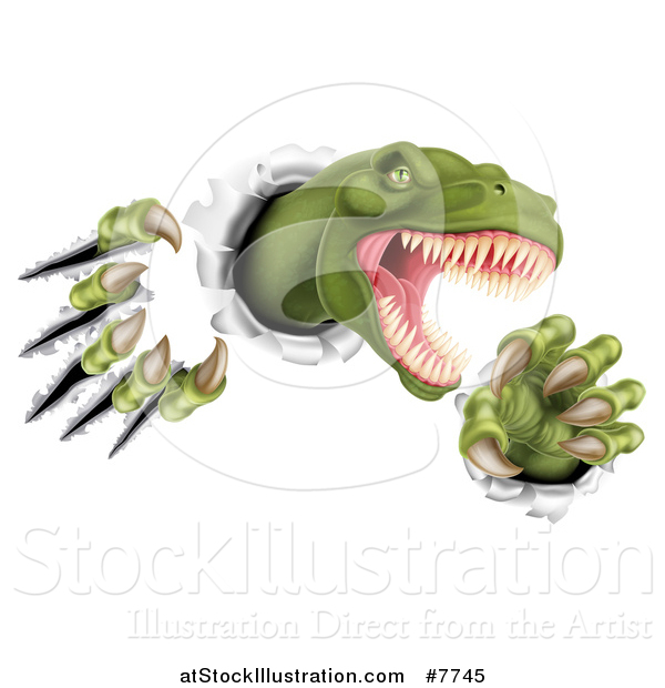 Vector Illustration of a Roaring Green Tyrannosaurus Rex Dinosaur Slashing Through Metal