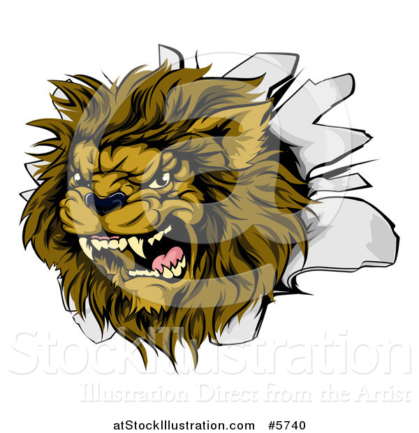 Vector Illustration of a Roaring Lion Mascot Head Breaking Through a Wall