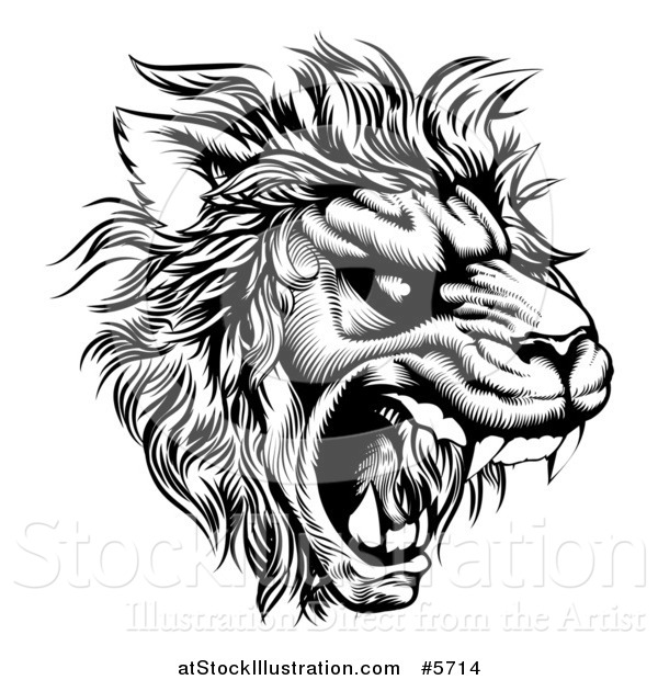 Vector Illustration of a Roaring Lion Mascot Head in Black and White