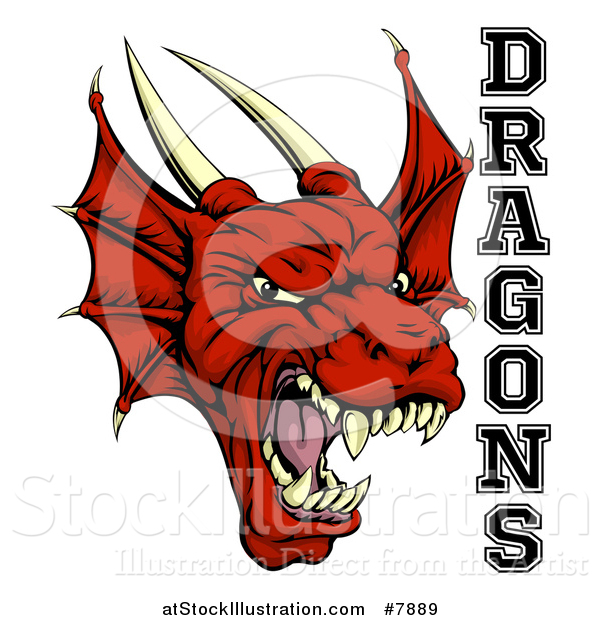 Vector Illustration of a Roaring Red Horned Dragon Mascot Face with Text